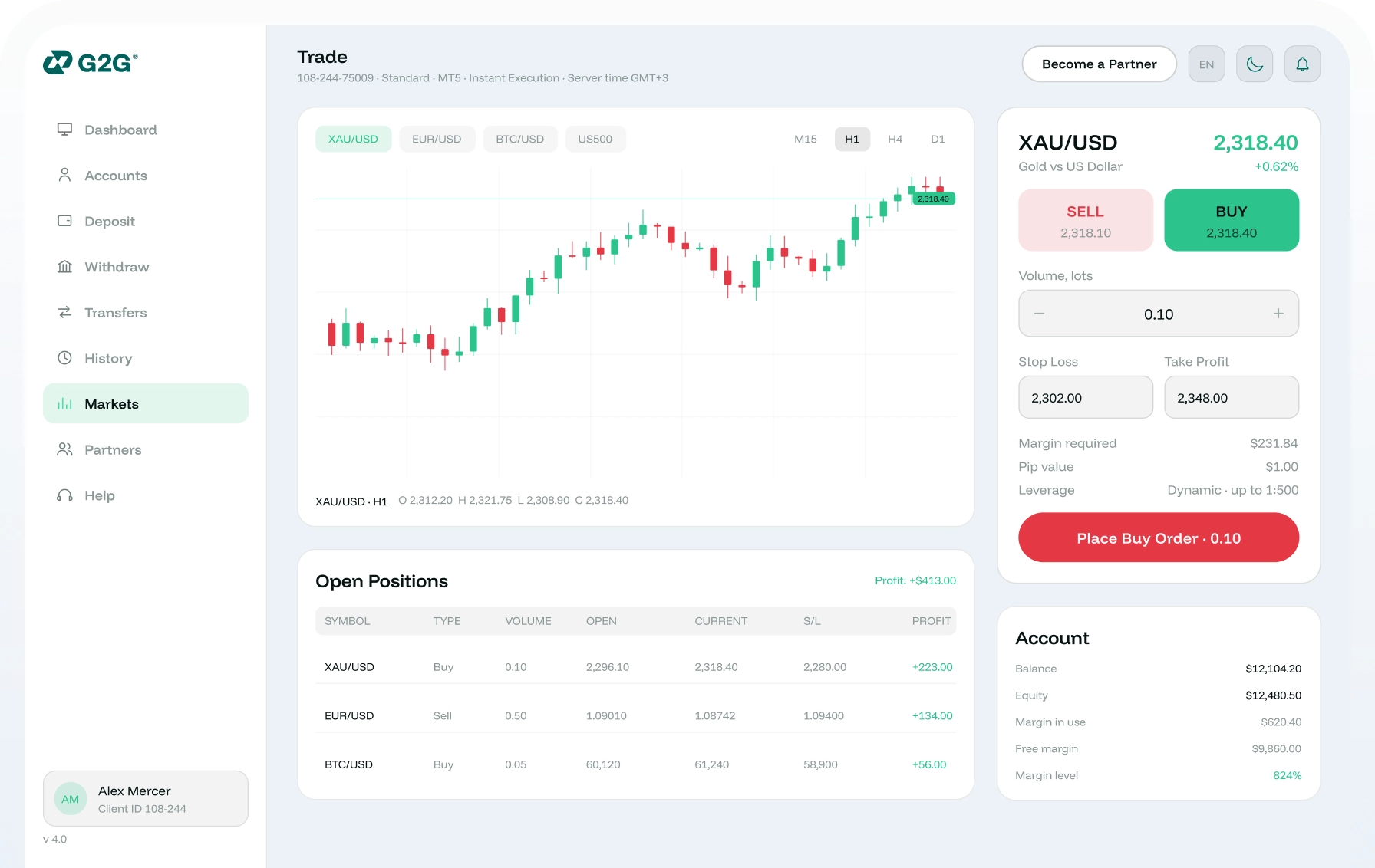 G2G portal: trading screen