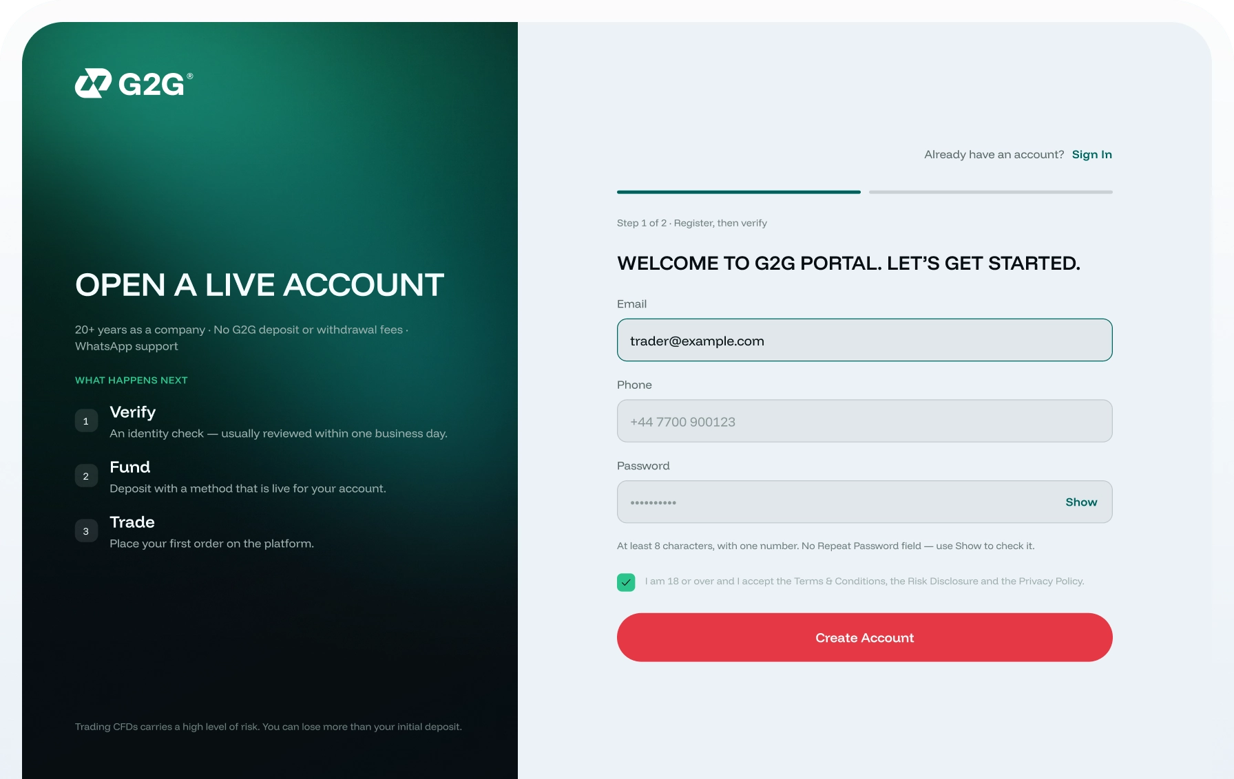 G2G portal registration screen: open a live account