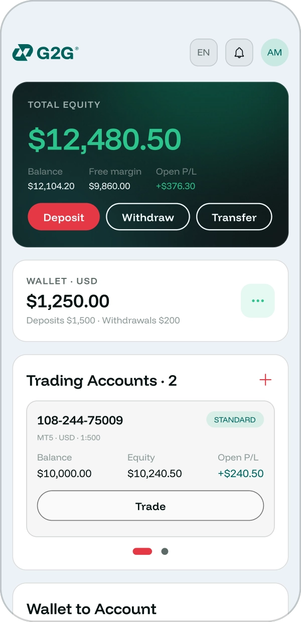 G2G client portal on mobile, light theme