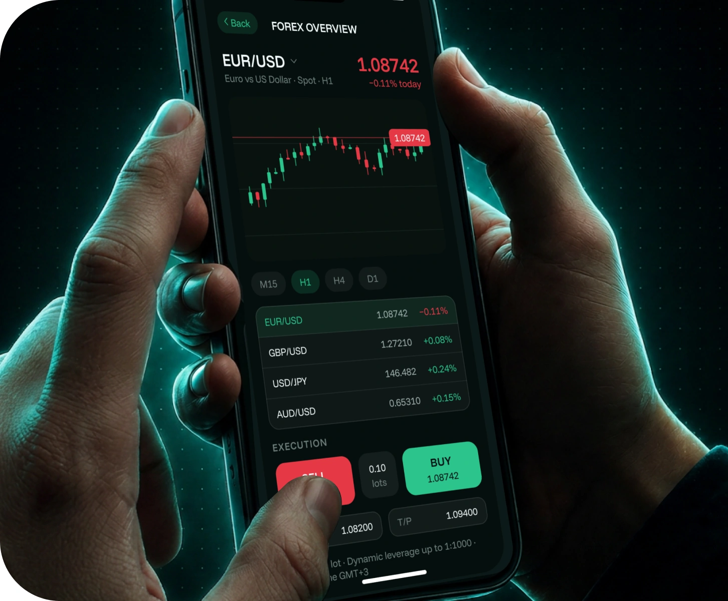 Hands holding a phone with the MetaTrader 5 forex overview for EUR/USD